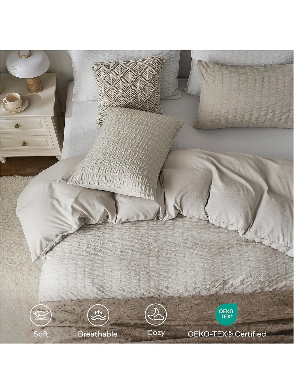 NEW JELLYMONI Oatmeal (Cream) Seersucker Duvet Cover Set